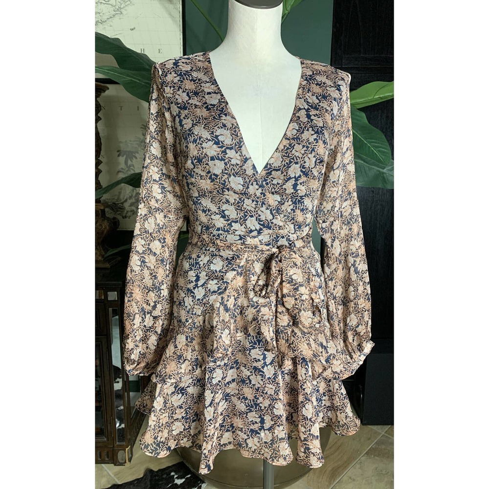 saints secrets women small brown floral ruffled long sleeve chiffon mini dress K